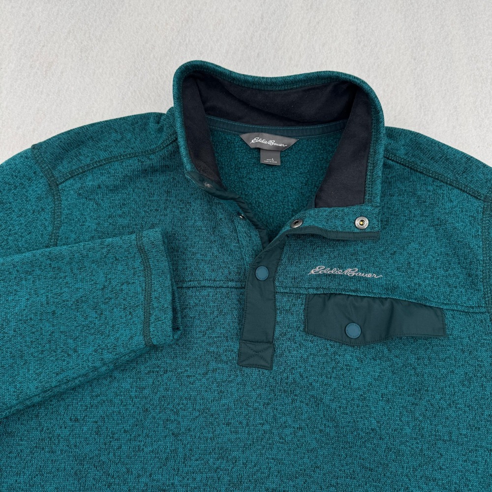 Eddie Bauer Mens Large Teal Green Marled Sweater Fleece Snap Neck Pullover